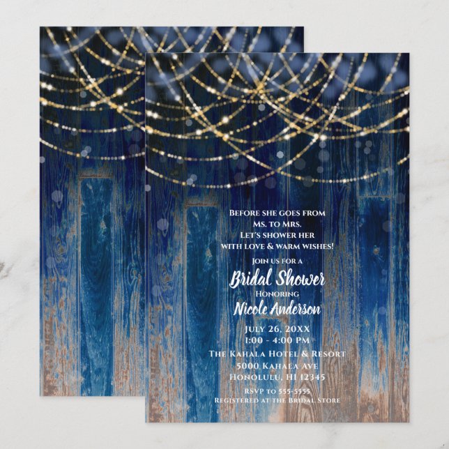 Blue Rustic Coastal Barn Wood Bokeh Brautparty Einladung (Vorne/Hinten)