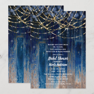 Blue Rustic Coastal Barn Wood Bokeh Brautparty Einladung