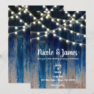 Blue Rustic Coastal Barn Wood & Lights Wedding Einladung