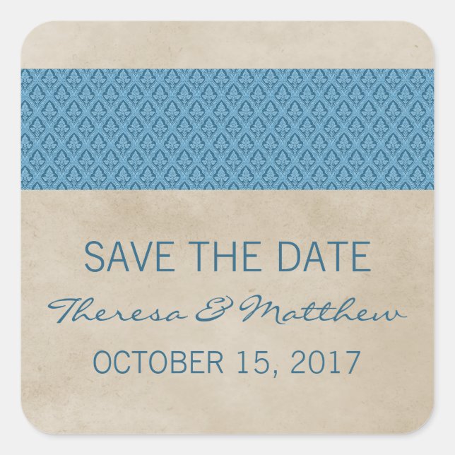Blue Rustic Damask Save the Date Stickers (Vorderseite)