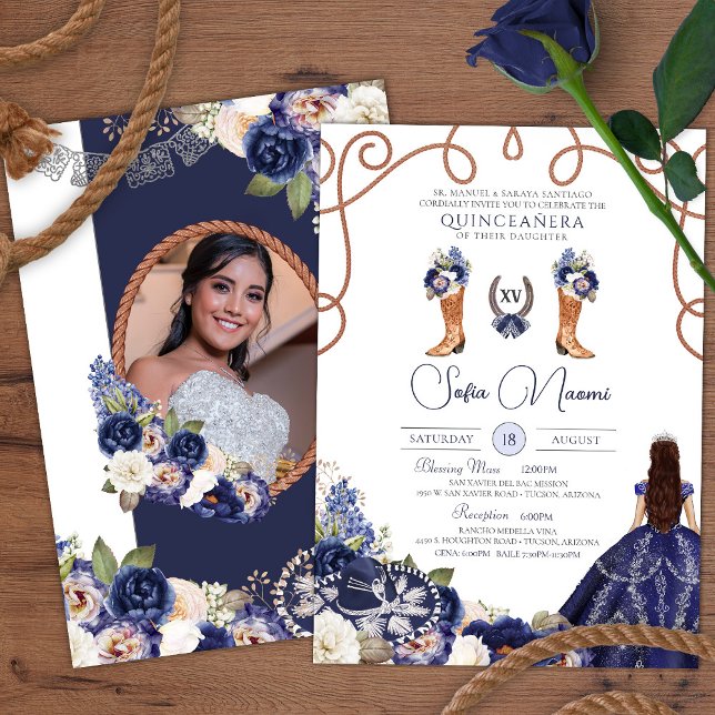 Blue Rustic Floral Charro Foto Quinceañera Einladung (Von Creator hochgeladen)