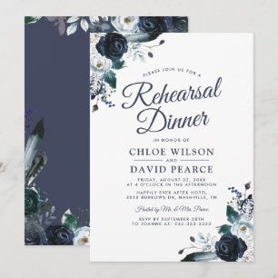 Blue Rustic Floral Wedding Probe Dinner Einladung