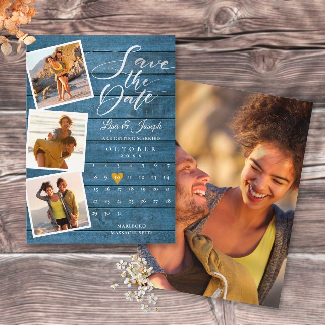 Blue Rustic Holz Foto Collage Kalender Hochzeit Save The Date (Von Creator hochgeladen)