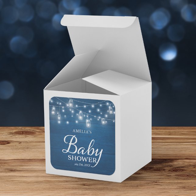 Blue Rustic Holz Mason Jars und Lights Baby Dusche Quadratischer Aufkleber (Von Creator hochgeladen)