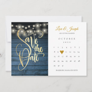 Blue Rustic Holz String Lights Kalender Gold Herz Save The Date