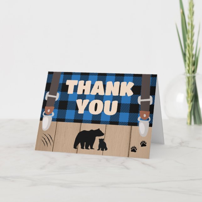 Blue Rustic Kariert Lumberjack Baby Dusche Dankeskarte (Vorderseite)