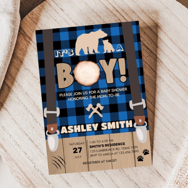 Blue Rustic Kariert Lumberjack Baby Dusche Einladung (Plaid Lumberjack Baby Shower Invitation)