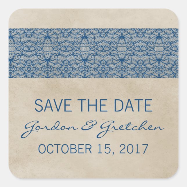 Blue Rustic Lace Save the Date Stickers (Vorderseite)