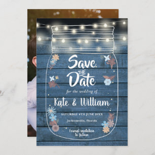 Blue Rustic Mason Jar String Lights Floral Foto Save The Date