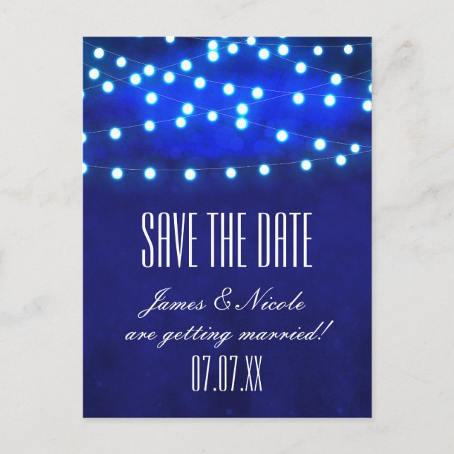 Blue Rustic Night String Lights Rett Date Postcard Ankündigungspostkarte (Vorderseite)