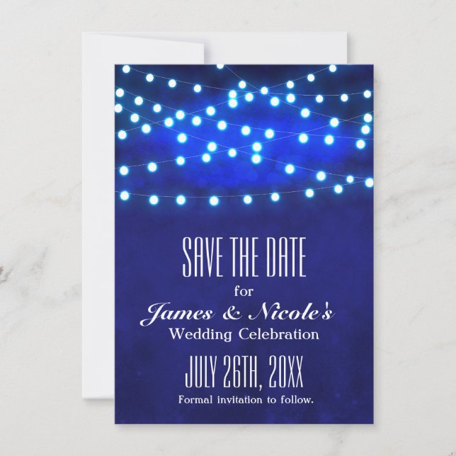 Blue Rustic Night String Lights Save the Date Card (Vorderseite)