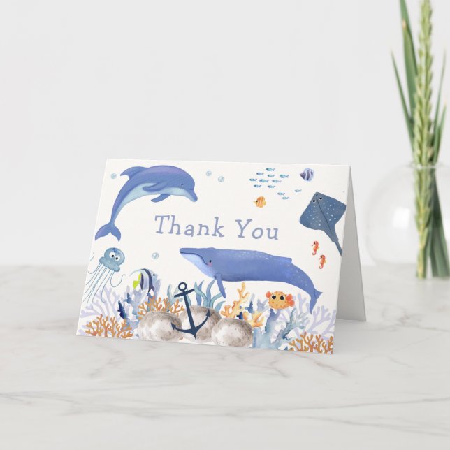 Blue Rustic Ocean Dolphin Whale Boy Baby Dusche Dankeskarte (Vorderseite)