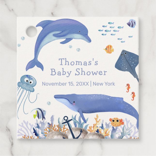 Blue Rustic Ocean Dolphin Whale Boy Baby Dusche Geschenkanhänger (Vorderseite)