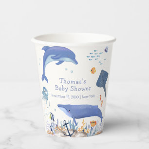 Blue Rustic Ocean Dolphin Whale Boy Baby Dusche Pappbecher