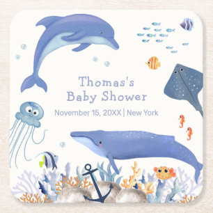 Blue Rustic Ocean Dolphin Whale Boy Baby Dusche Rechteckiger Pappuntersetzer