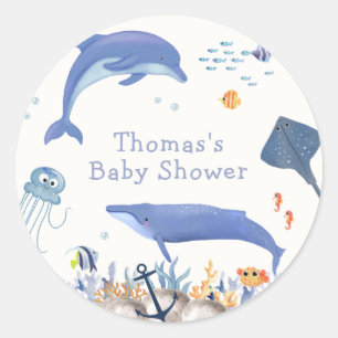 Blue Rustic Ocean Dolphin Whale Boy Baby Dusche Runder Aufkleber