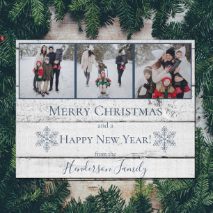 Blue Rustic Snowflakes Flat Holiday Carte photo
