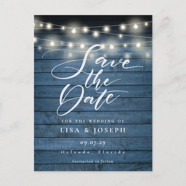 Blue Rustic String Lights QR Code Save the Date Postkarte (Vorderseite)