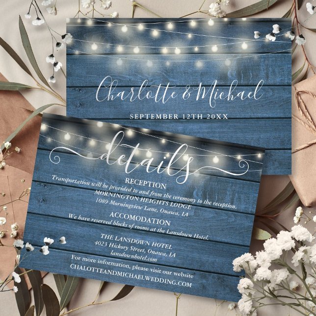 Blue Rustic String Lights Script Hochzeitsdetails Begleitkarte (Blue Rustic String Lights Script Wedding Details Enclosure Card)