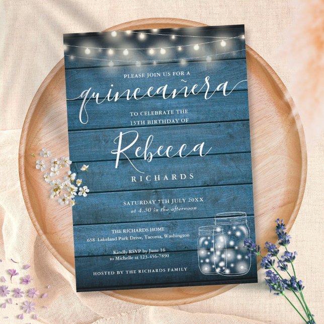 Blue Rustic String Lights Script Quinceañera 15. Einladung (Von Creator hochgeladen)