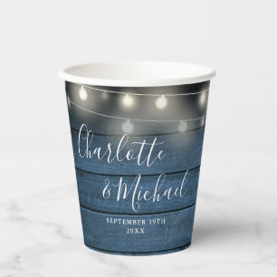 Blue Rustic String Lights Signature Script Hochzei Pappbecher