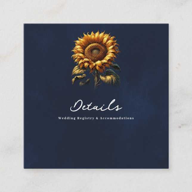 Blue Rustic Sunflower Wedding Details & Registrier Quadratische Visitenkarte (Vorderseite)
