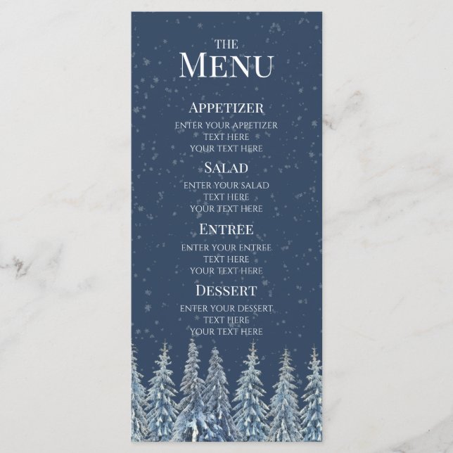 Blue Rustic Winter Forest Wedding Menu Menükarte (Vorderseite)