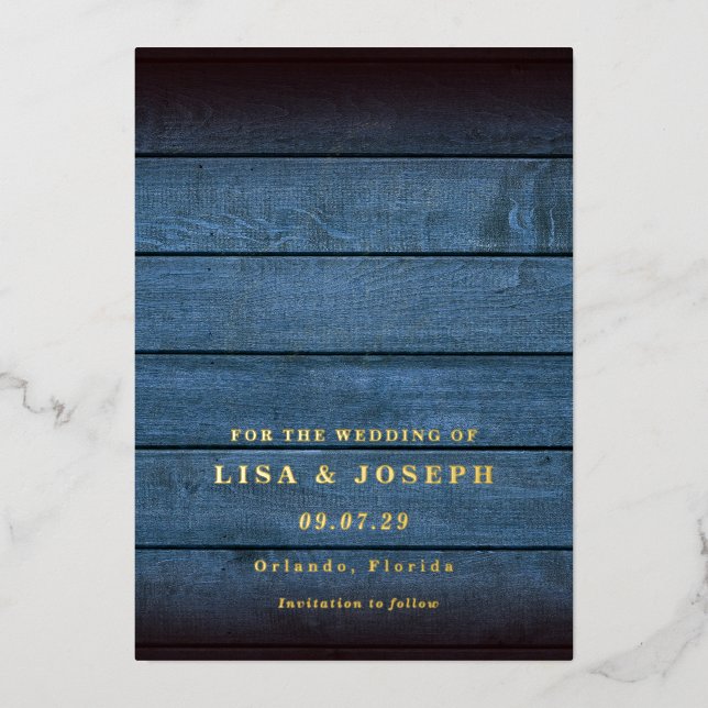 Blue Rustic Wood Country Script Save the Date Folieneinladung (Vorderseite)