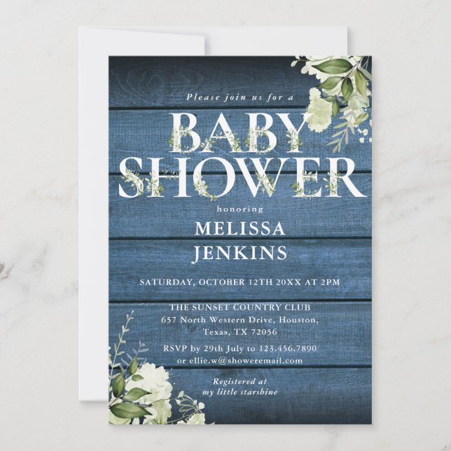Blue Rustic Wood Floral Letter Baby Dusche Einladung (Vorderseite)