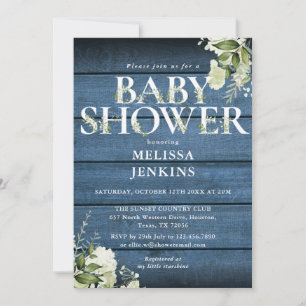 Blue Rustic Wood Floral Letter Baby Dusche Einladung