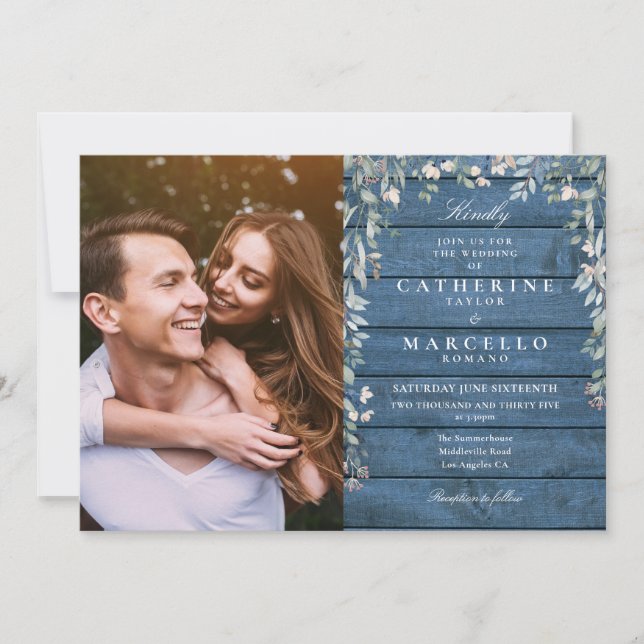 Blue Rustic Wood Floral Wildblumen Foto Hochzeit Einladung (Vorderseite)