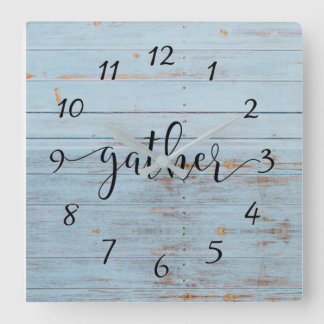 Blue Rustic Wood Gather Bauernhof Rustikal Quadratische Wanduhr