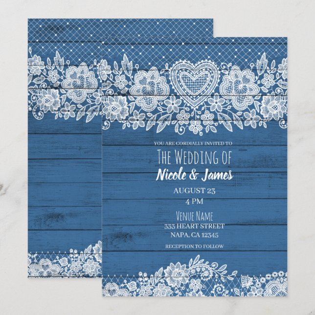Blue Rustic Wood Lace Farmhouse Barn Wedding Einladung (Vorne/Hinten)