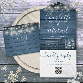 Blue Rustic Wood QR Code Mason Jars Lights Hochzei All In One Einladung