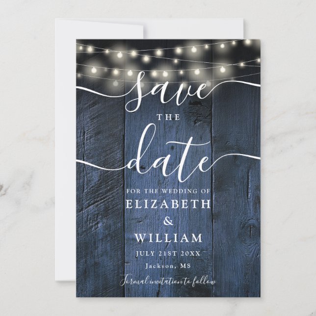Blue Rustic Wood String Lights Barn Boho Wedding Save The Date (Vorderseite)