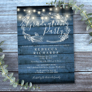 Blue Rustic Wood String Lights Graduation Party Einladung