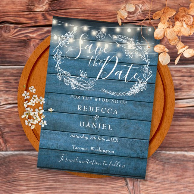 Blue Rustic Wood String Lights Hand-drawn Floral Save The Date (Von Creator hochgeladen)