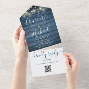 Blue Rustic Wood String Lights QR Code Wedding All In One Einladung