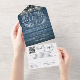 Blue Rustic Wood String Lights QR Code Wedding All In One Einladung
