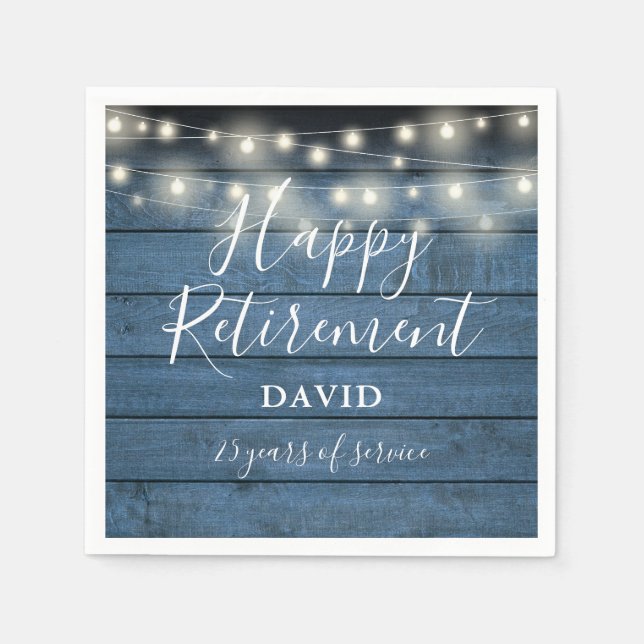 Blue Rustic Wood String Lights Retirement Party Serviette (Vorderseite)