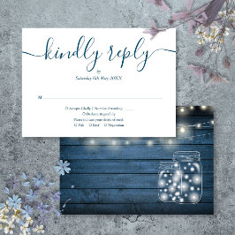 Blue Rustic Wood String Lights Script Hochzeit RSVP Karte