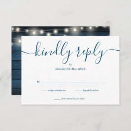 Blue Rustic Wood String Lights Script Hochzeit RSVP Karte