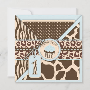 Blue Safari Animal Print & Cupcake zum ersten Gebu Einladung