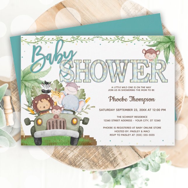 Blue Safari Animals Baby Dusche Einladung (Blue Safari Animals Baby Shower Invitation)