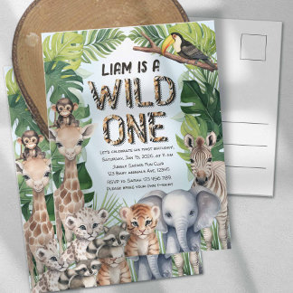 Blue Safari Tiere zum Thema Wild zum ersten Geburt Einladungspostkarte