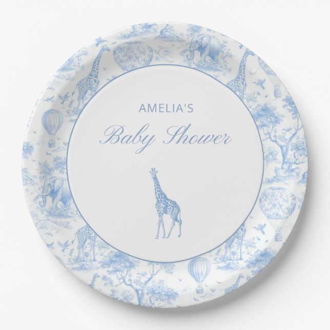 Blue Safari Toile De Jouy Boy Baby Shower Pappteller (Vorderseite)