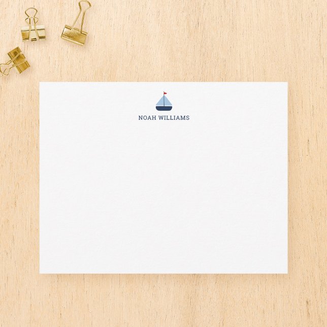 Blue Sailboat Kids Personalisiert Stationery Flat Mitteilungskarte (Von Creator hochgeladen)