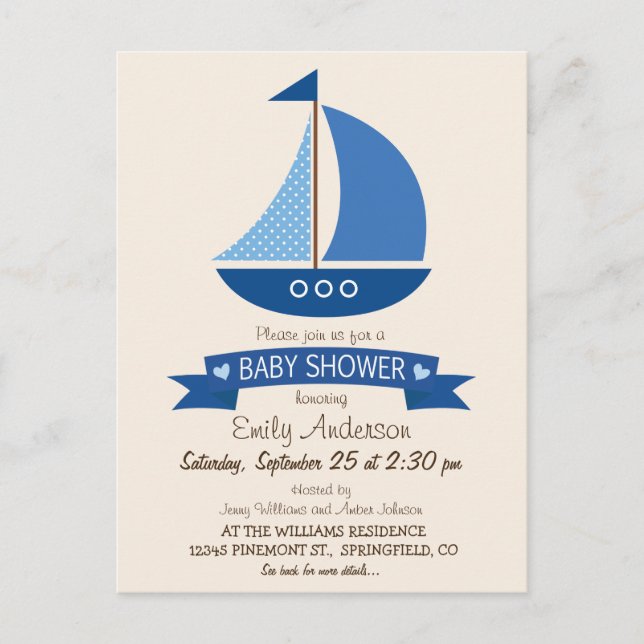 Blue Sailboat, Schönheitsbabydusche Einladungspostkarte (Vorderseite)