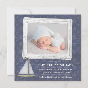 Blue Sailboat Stars Boy Foto Geburtsankündigung Ankündigung