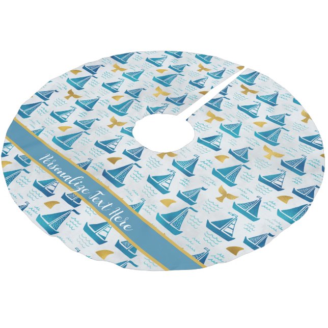 Blue Sailboats Gold Whales Ozeane Weihnachten Polyester Weihnachtsbaumdecke (Schrägansicht)